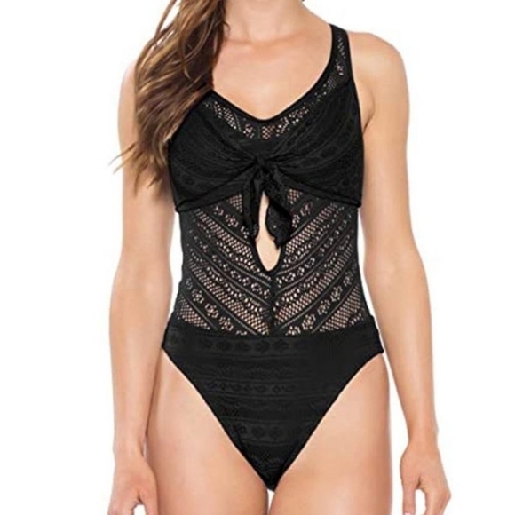BECCA Color Play Crochet Tie front One piece swimsuit Black M - Picture 9 of 9